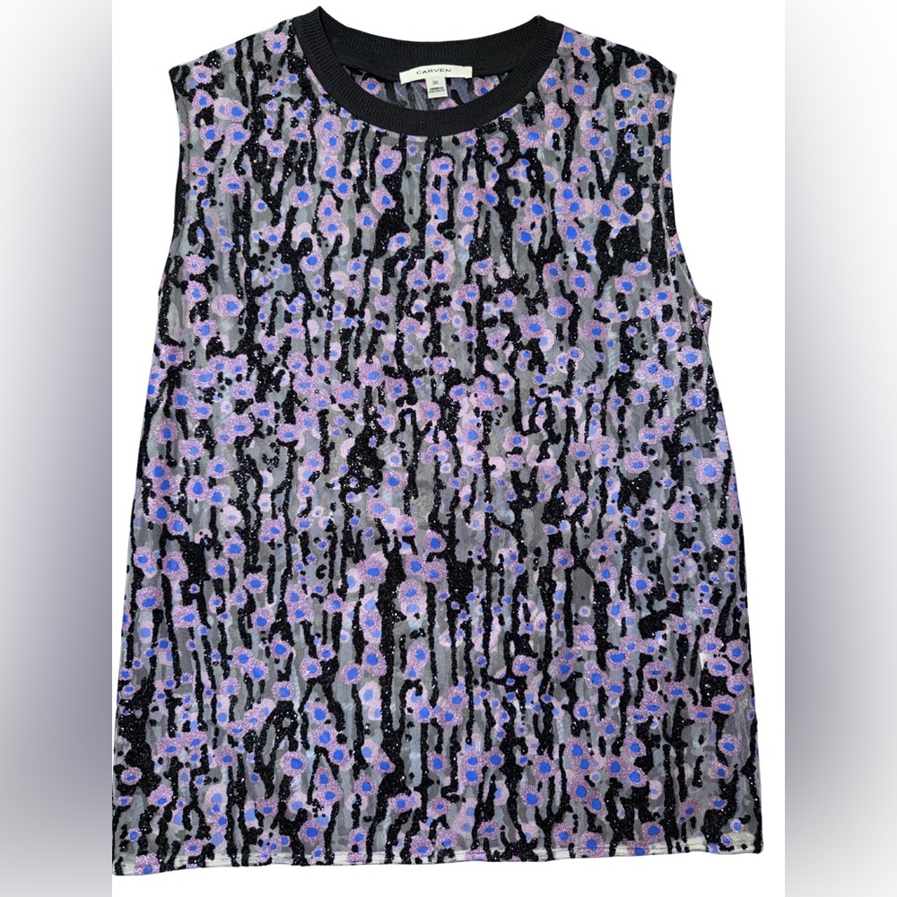 Carven Black and Purple Sequin Tank Top